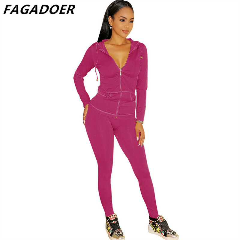 Fagadoer-女性用のベーシックなツーピースセット,長袖フード付きコート,ジッパー付き,タイトフィット,スポーティな服装