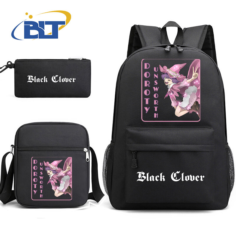 Black Clover Cartoon School Bag para crianças, mochila juvenil, bolsa de ombro, estojo para lápis, presente de volta à escola, 3 peças