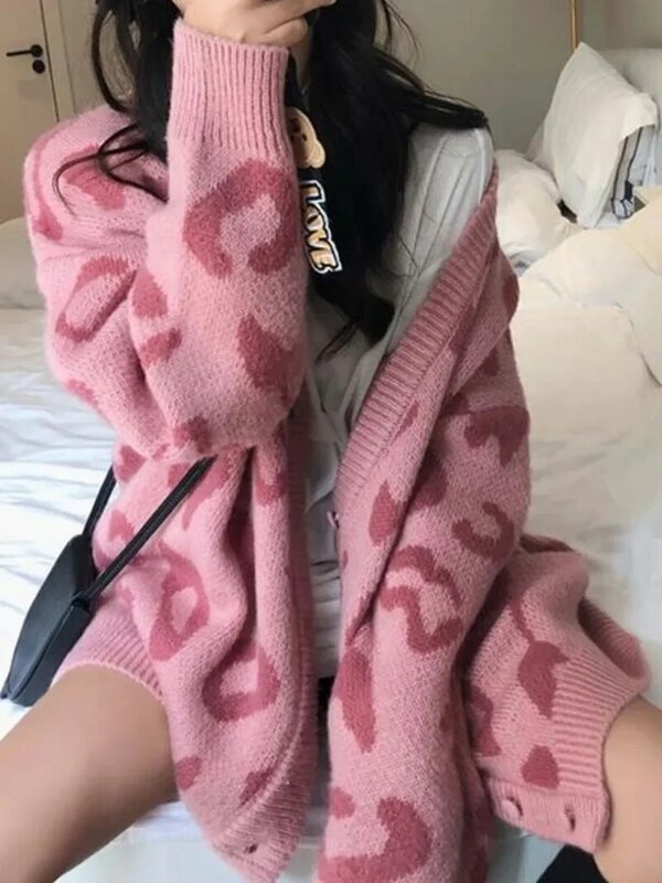 Dames Casual Truien Koreaanse Mode Lente Roze Luipaard V-Hals Lange Mouw Vesten Losse Jas Trekken Vegement Femme Sueters