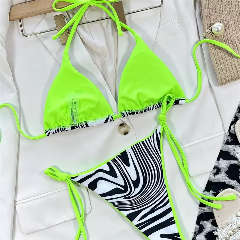 Conjunto de Bikini con estampado de cebra para mujer, traje de baño de dos piezas con cordones, Bikini triangular con cuello Halter, tanga, trajes de baño para playa 2024