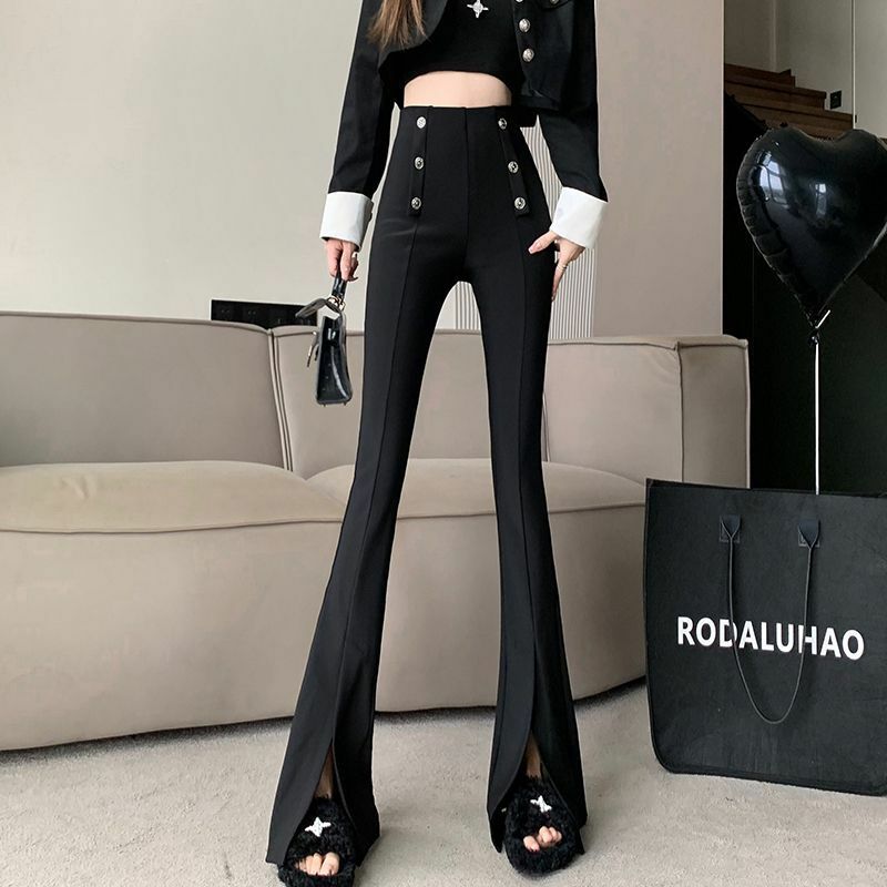 Estate coreana abbigliamento donna moda nero fessura Flare padelle elastico a vita alta Office Lady Casual Skinny pantaloni dritti