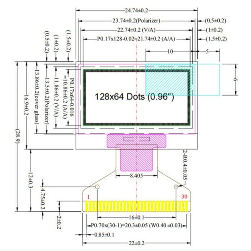 0.96" LCD Screen Display inteligente 30 Pin 128x64 LCD Screen Board Passive Matrix Arduino OLED LCD Display Module oximeter