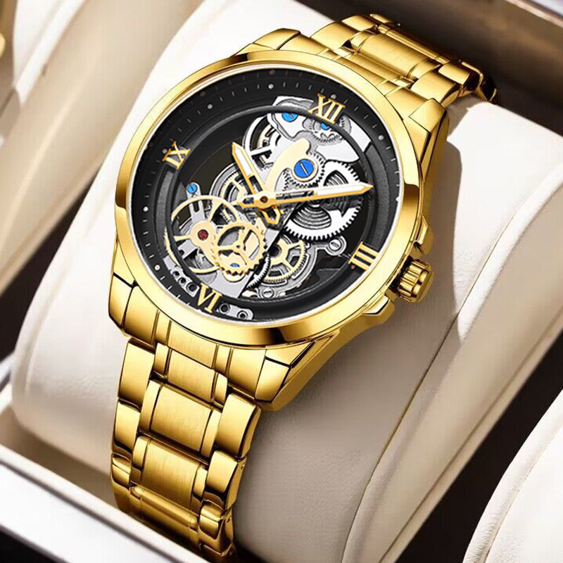 Lige-Men'sクォーツ腕時計、防水スポーツ時計、トップ高級ブランド、ゴールデン、新品
