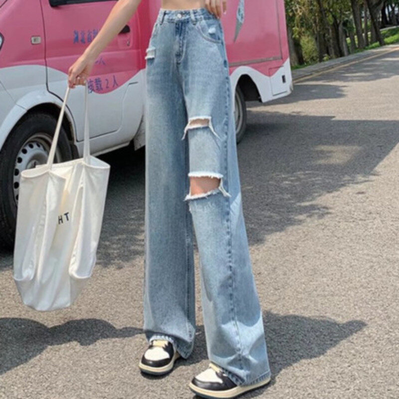 Перфорированные джинсы для женщин, летние тонкие широкие брюки с высокой талией, стройнящие и свободные, 2022