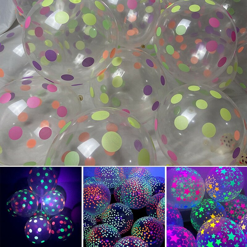10pcs Clear Latex 12 pollici Neon UV Blacklight Reactive Star Balloons Stars M/s pois per la decorazione della festa di compleanno