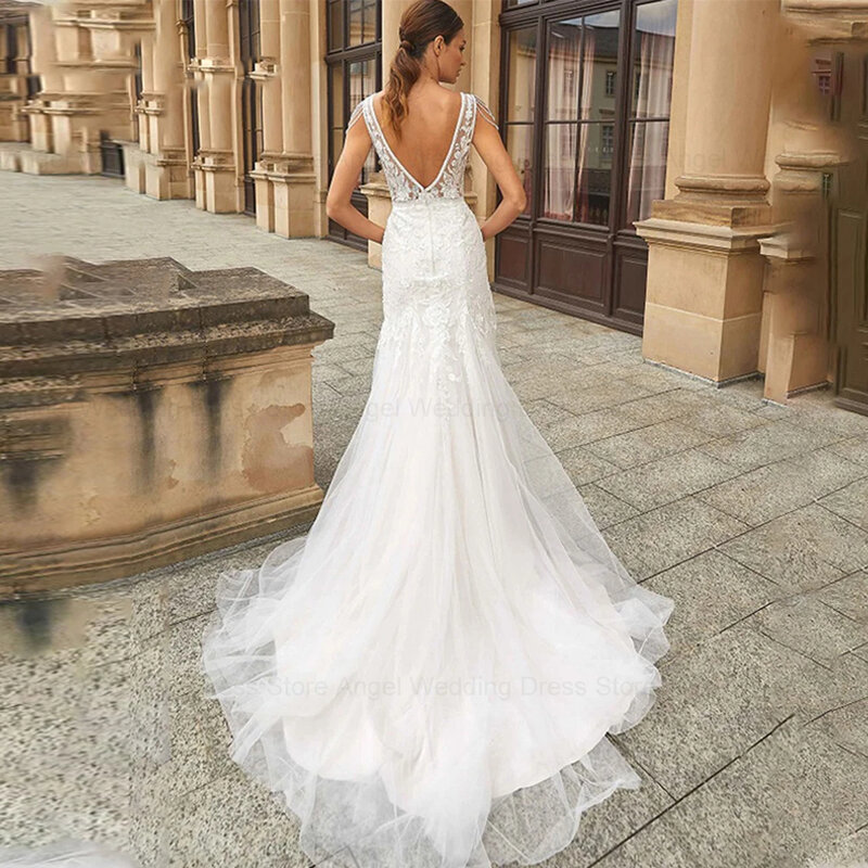Suknie ślubne ANGEL syrena Vestidos De Novia dekolt w szpic koronki z koralikami aplikacje suknia ślubna dla eleganckich kobiet 2024 wykonane na zamówienie