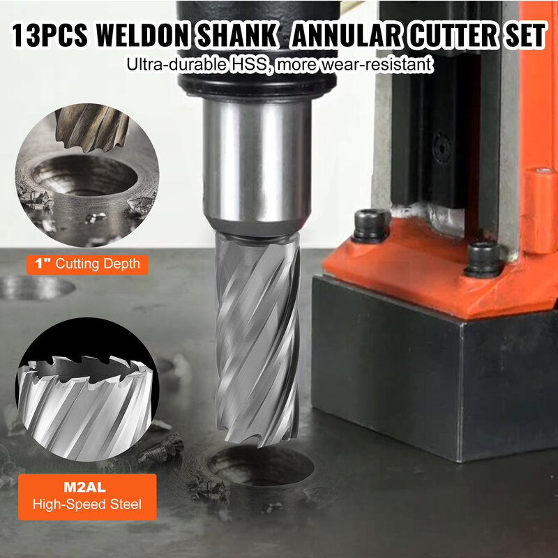 VEVOR Annular Cutter Set 6 pcs13 pcs Weldon Shank Mag Drill Bits 1" / 2" Cutting Depth for Using with Magnetic Drills