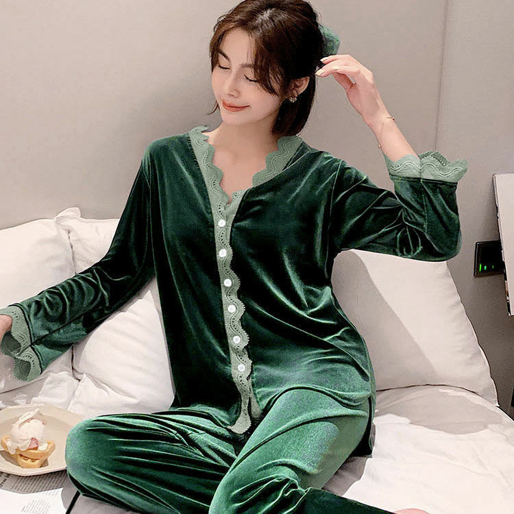 Mới Nhất Vàng Nhung Bộ Đồ Ngủ Bộ Nữ Mùa Thu Đông Thời Trang Nữ Phong Cách Slep Mặc Pijamas Nữ Nhung Ấm Bộ Đồ Ngủ