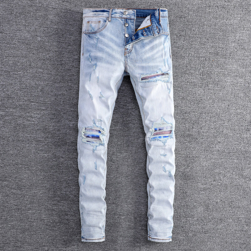 Мужские джинсы в стиле ретро, синие эластичные рваные джинсы скинни в уличном стиле, Брендовые брюки с заплатками в стиле хип-хоп