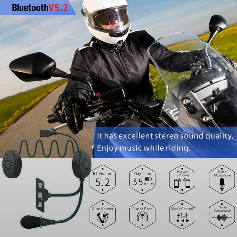 Bluetooth 5.2 Wireless Headset Motorcycle Riding Headset Wireless Handsfree Stereo Music Player With Mic For MP3 Music Player