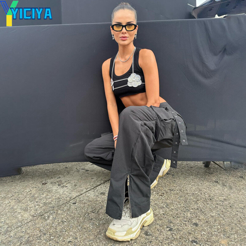 YICIYA y2k style Pants Low waist Parachute trousers summer STRAIGHT Women Full Length baggy Half fork pant New outfits 2024 90s