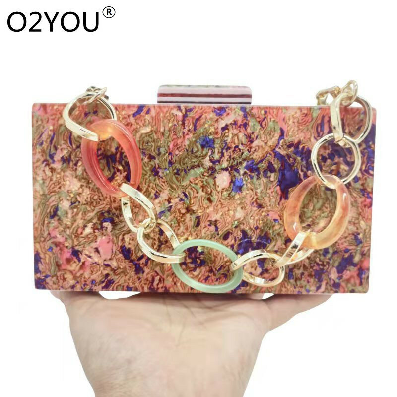 Bolso de mano de acrílico colorido para mujer, bolsa de mano con cadena de resina, con solapa, para fiesta y Noche