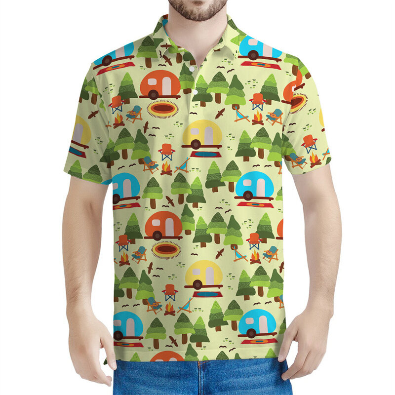 Cartoon Camping Patroon Poloshirt Voor Mannen Kinderen Zomer 3d Bedrukt Losse Korte Mouwen Casual Tops Street Revers T-Shirts