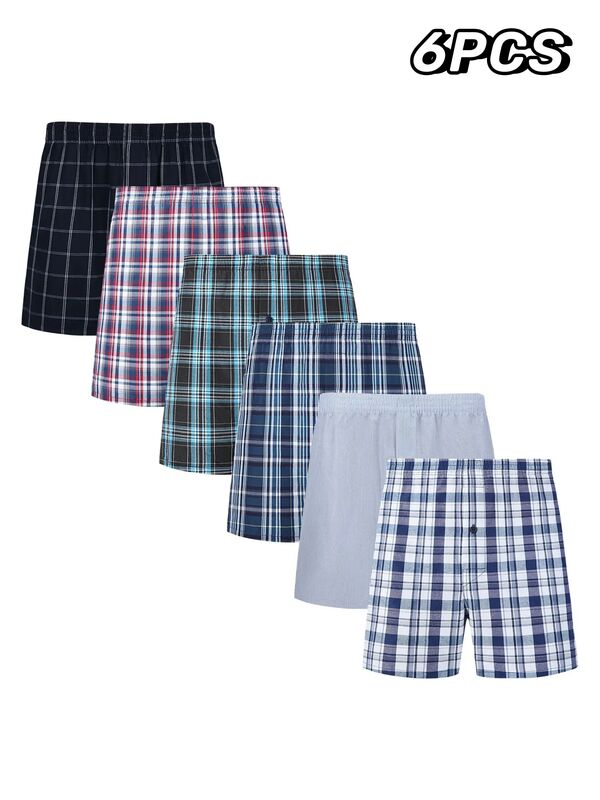JupiterSecret 6 Pcs Boxer Shorts Casual Plaid Elastic Waistband Button Mens Boxer Underwear Woven Shorts For Home Random Color