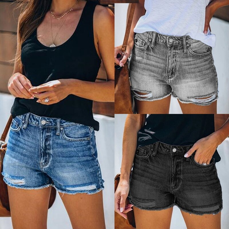 Summer Ripped Washed American High Waist Pierced Tassel Denim Shorts Women's Hot Pants Casual Ripped Straight Leg Jeans Pants