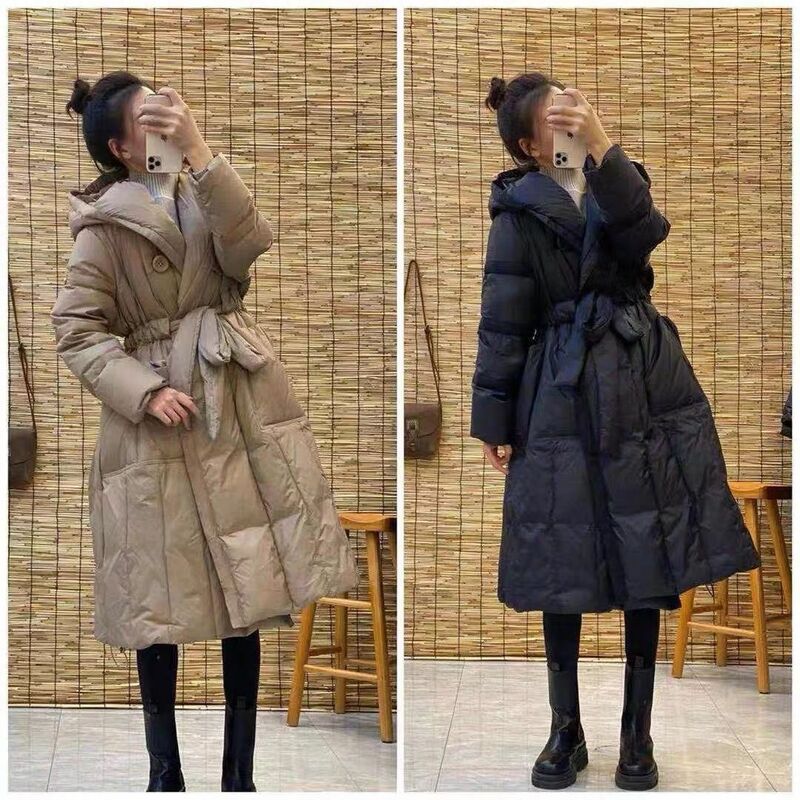 Fashion Button Mid Length Waistband Down Women Jacket Over Knee Winter New Loose Fitting Style Hooded White Duck   B7