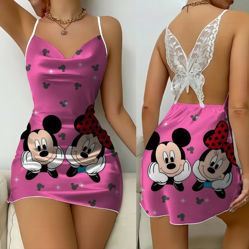 Vestido de Minnie Mouse para mujer, minifalda de pijama de superficie de satén de Mickey, Disney, nudo de lazo, Sexy, para fiesta, moda de verano, 2024