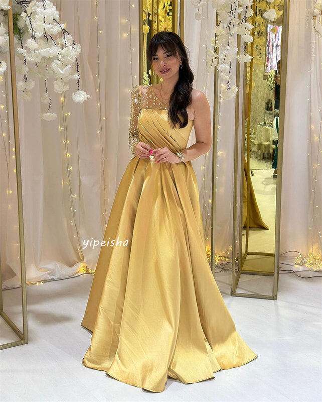Prom Dress Evening Jersey Sequined Ruched Clubbing A-line One-shoulder Bespoke Occasion Gown Long Dresses Saudi Arabia