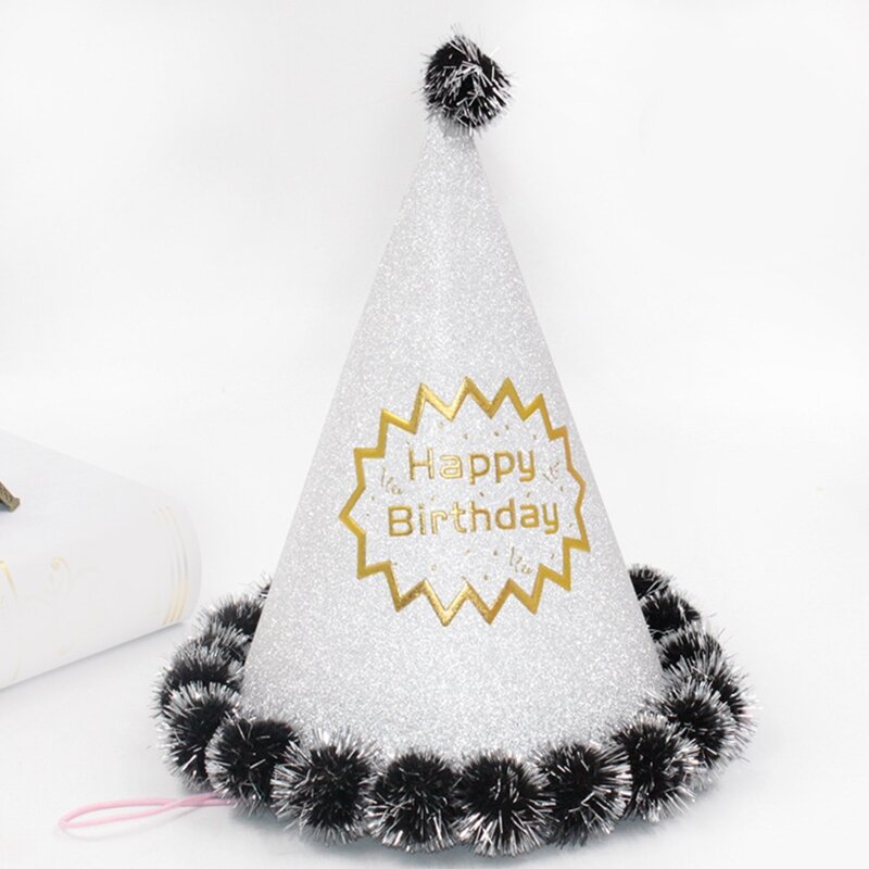 Sombrero de fiesta de cumpleaños para niños y adultos, gorro con pompones, cono de dibujos animados para decoración de Festival, gorros de papel para cumpleaños