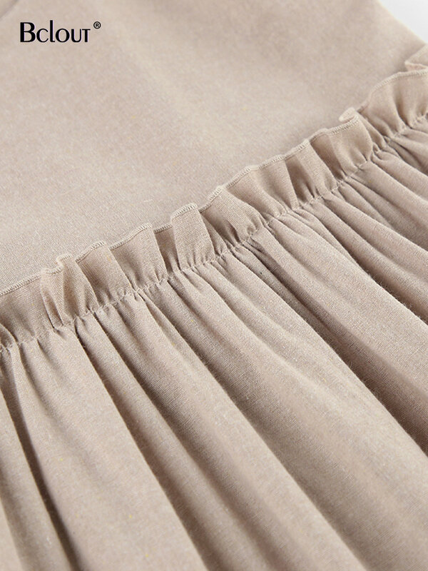 Bclout-vestido de lino caqui para mujer, minivestido Sexy con tirantes finos, holgado, fruncido, con cordones, para verano, 2024