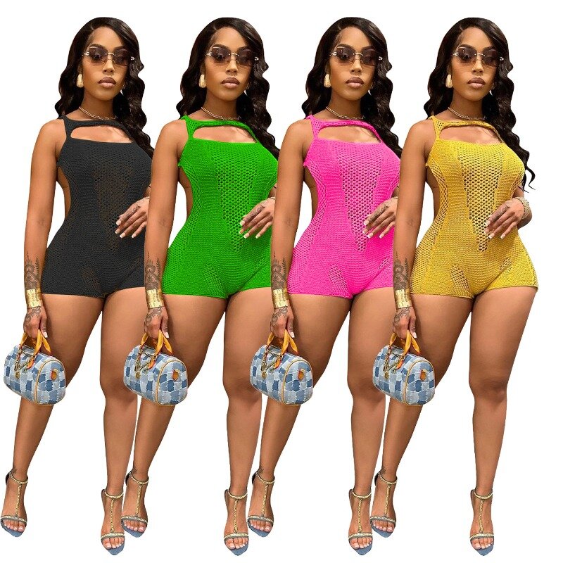 Women Hollow Out Sleeveless Knitted Playsuits High Stretch Backless Summer Beach Holiday Rompers Casual Streetwear Overalls