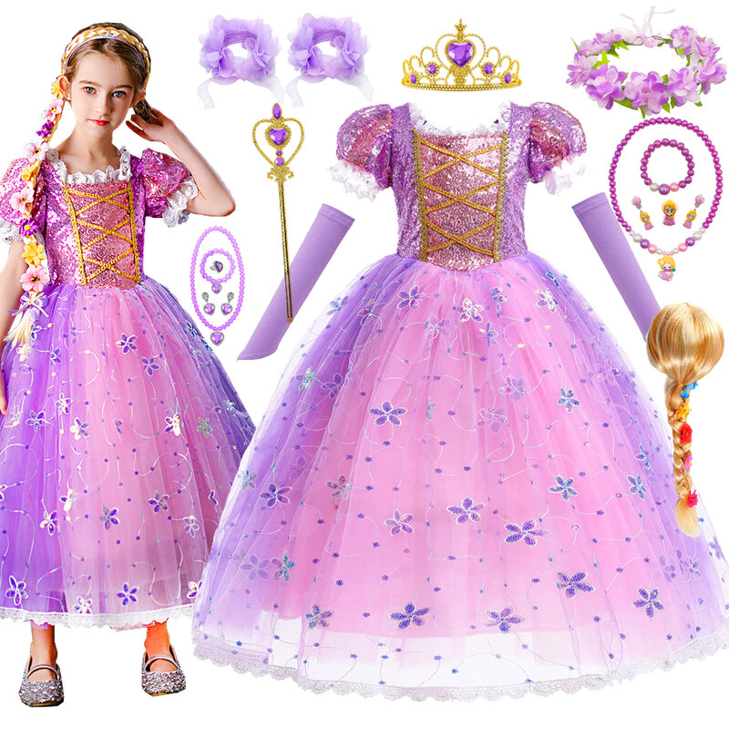 어린이 여아용 라푼젤 드레스, 꼬인 변장 의상, 카니발 공주 의상, 생일 파티 가운, 2-10 세