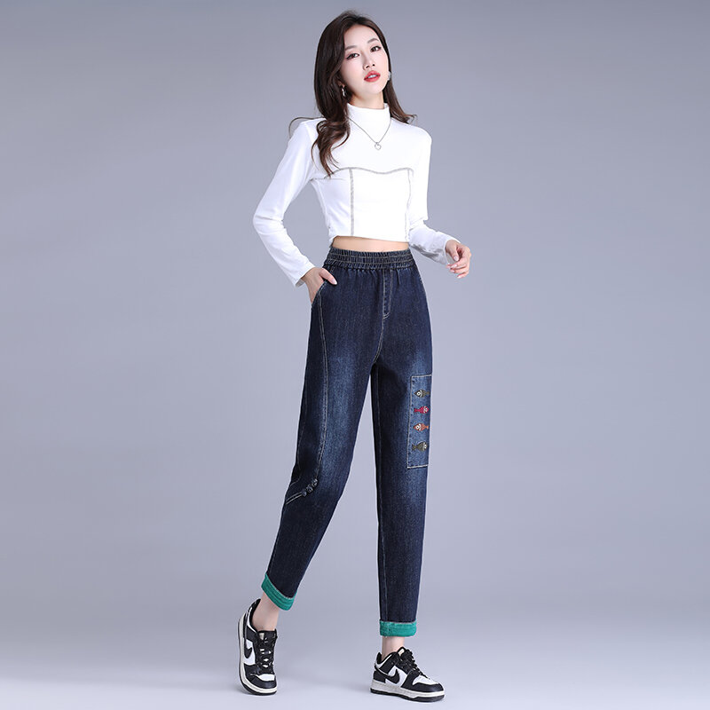 Jeans stretch de algodão puro para mulheres, calças apertadas, inverno novo 2023