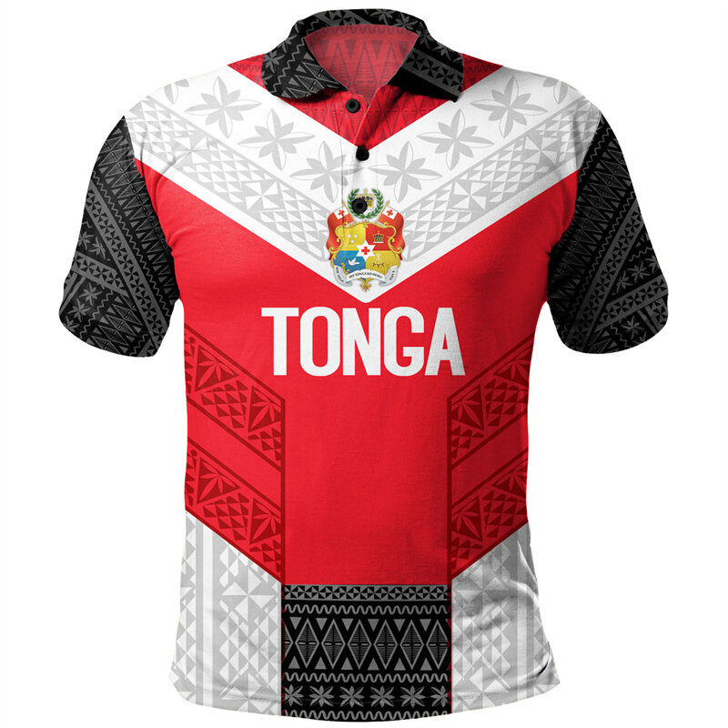 Hawajski wzór Tonga Koszulka polo dla mężczyzn z nadrukiem 3D Polinezyjskie koszulki POLO Casual Loose Street Button Tees Summer Short Sleeves