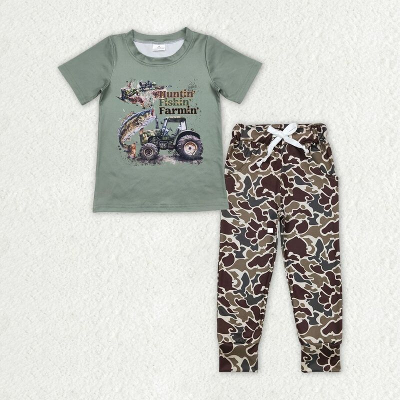 아기 소년 반팔 오리 사슴 셔츠, 어린이 카모 포켓 바지 세트, 유아 복장, 도매