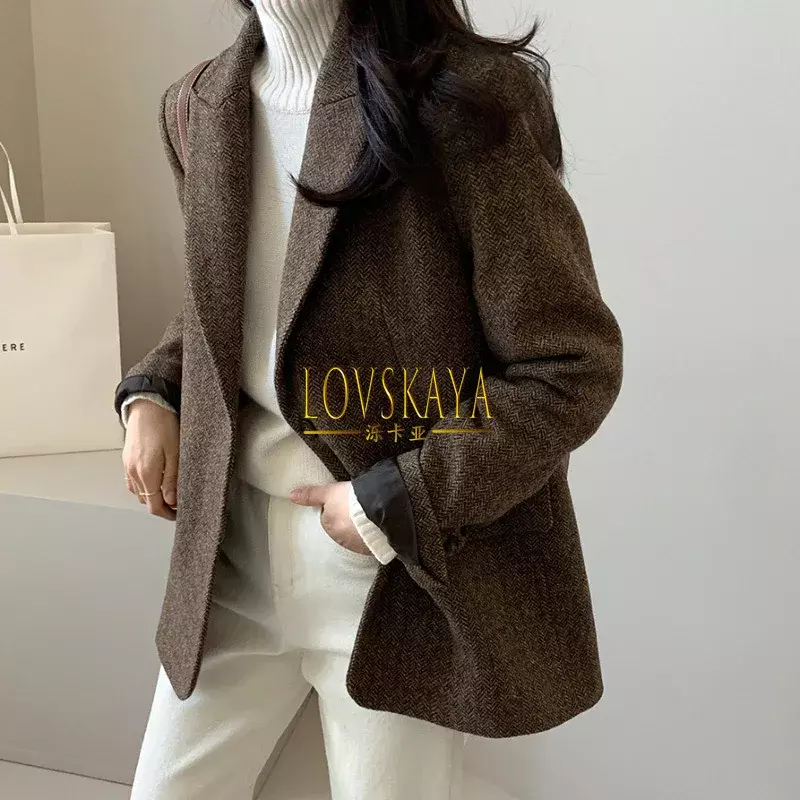 Einfarbige, vielseitige Woll anzug jacke für Damen im Herbst und Winter im neuen Stil