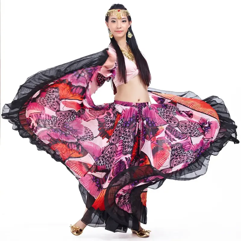 720 Grad Tanz kostüme Luxus Schmetterling Druck Frauen Bauchtanz Rock Spitze böhmischen Zigeuner weiblichen spanischen Flamenco Rock