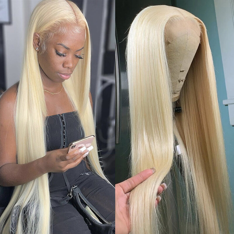 Perruque Lace Front Wig lisse brésilienne naturelle, cheveux humains, blond, 13x6 13x4, pre-plucked, 30 38 pouces, 613 HD, pour femmes