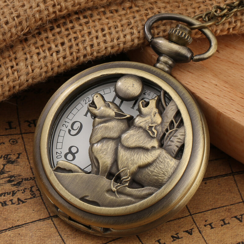 Vintage Bronze Wilden Tier Muster Halskette Uhren Wolf/Eagle/Deer/Bär/Pferd/Vögel Retro Elegante quarz Tasche Uhr