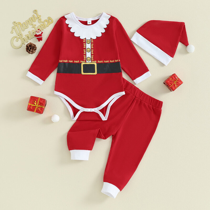 Bebê meninos e meninas Santa Costume Set, manga comprida, Tops de Natal, calças compridas, chapéu de Natal, roupas, 3pcs