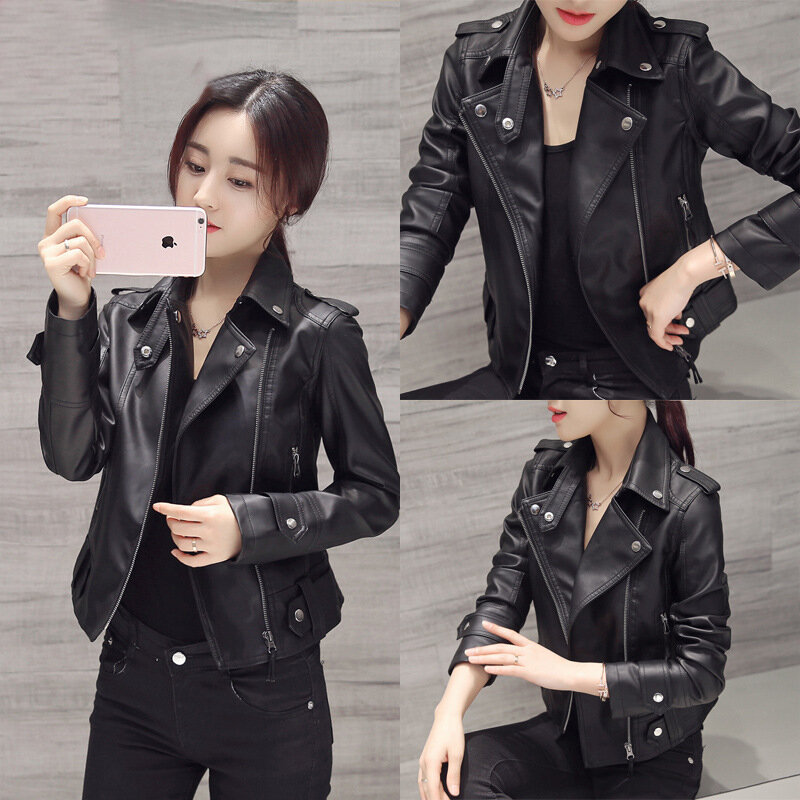 Abrigo corto de cuero para mujer, chaqueta de motocicleta negra delgada coreana, prendas de vestir exteriores con cremallera, Otoño e Invierno
