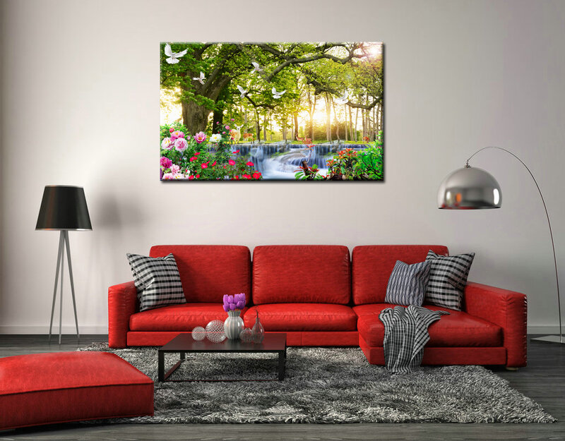 Canvas Print Painting Forest Waterfall Landscape Nature Flowers HD Picture Wall Art Living Room Home Decor HYS2003