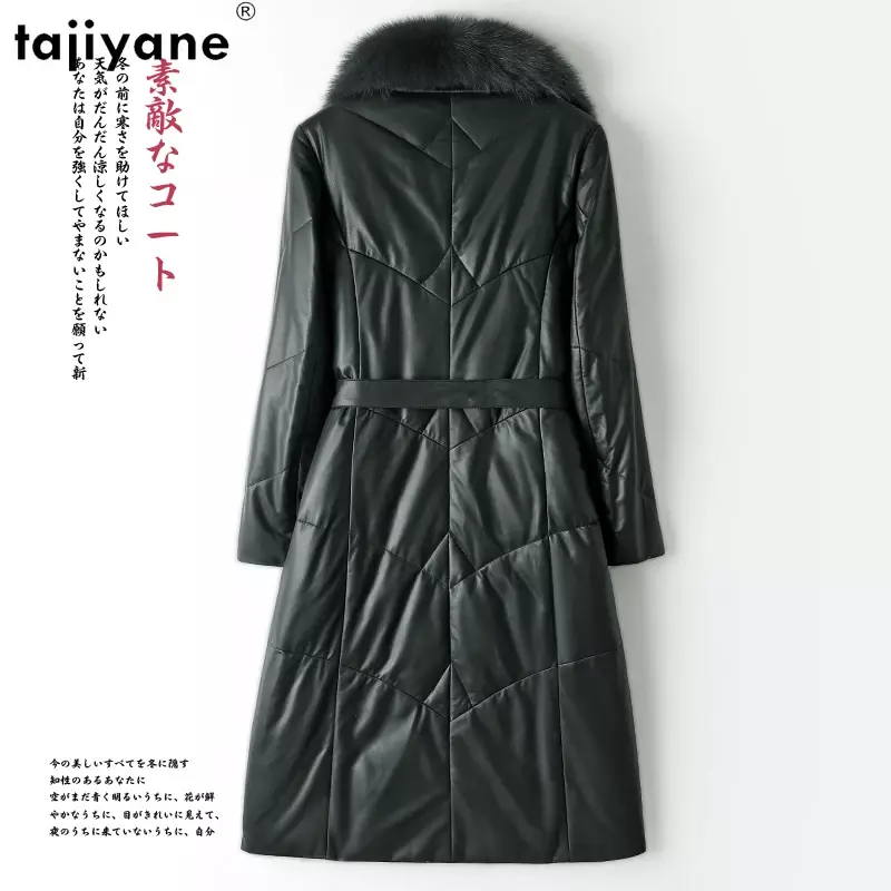 Tajiyane-女性用の天然シープスキンレザージャケット,冬のダウンコート,キツネの毛皮の襟,ミッドレングス,本革のコート