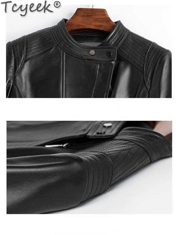 Tcyeek-Veste de moto en cuir véritable pour femme, manteau en peau de mouton véritable, coupe couvertes, vêtements coréens, printemps et automne 2023