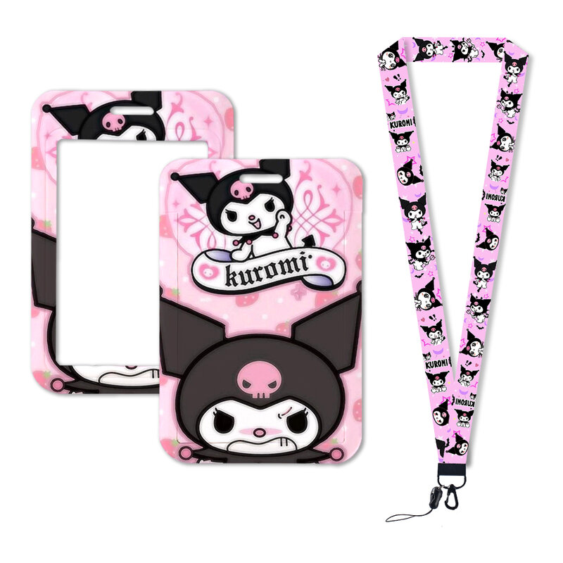 W Sanrio Kuromi Work Card Holder Work Permit Name Badge with Keychains Student Id Card Pack Lanyard Cover Card Storage Case