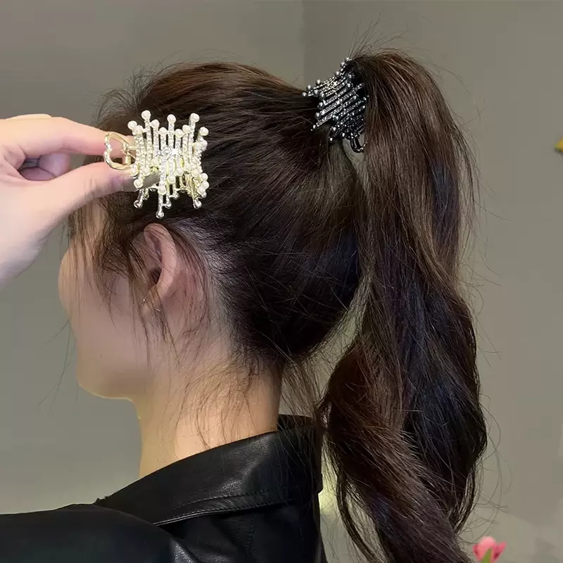 Horquillas de fijación de cola de caballo alta para mujer, pinzas para el cabello con diamantes de imitación y perlas, accesorios de peinado, moda Punk