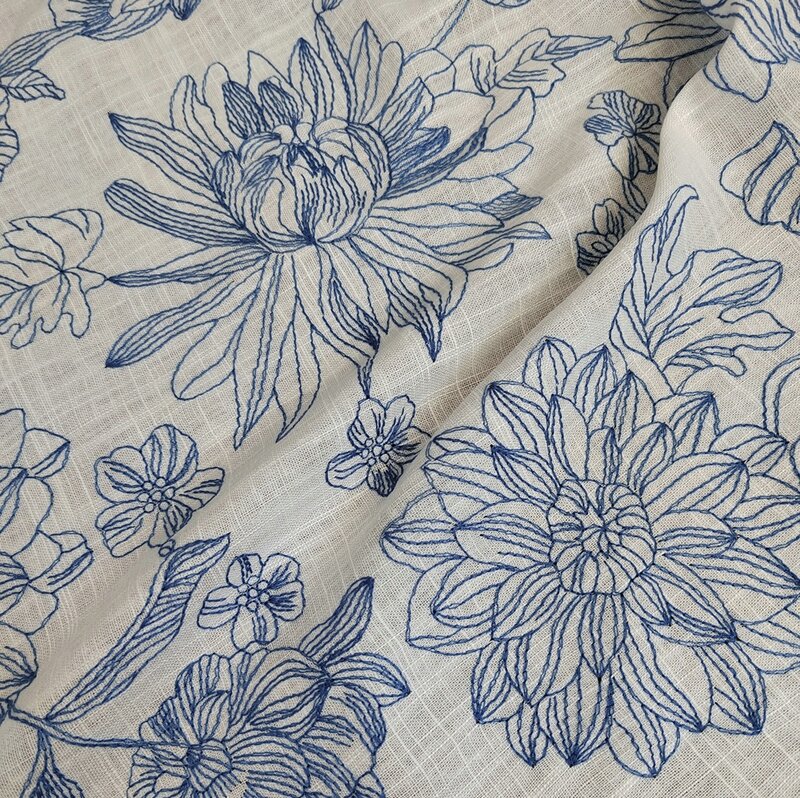 Kain bordir viscose katun gading biru atau Linen untuk pakaian Gaun Wanita dengan pola bunga besar jahit 2 meter