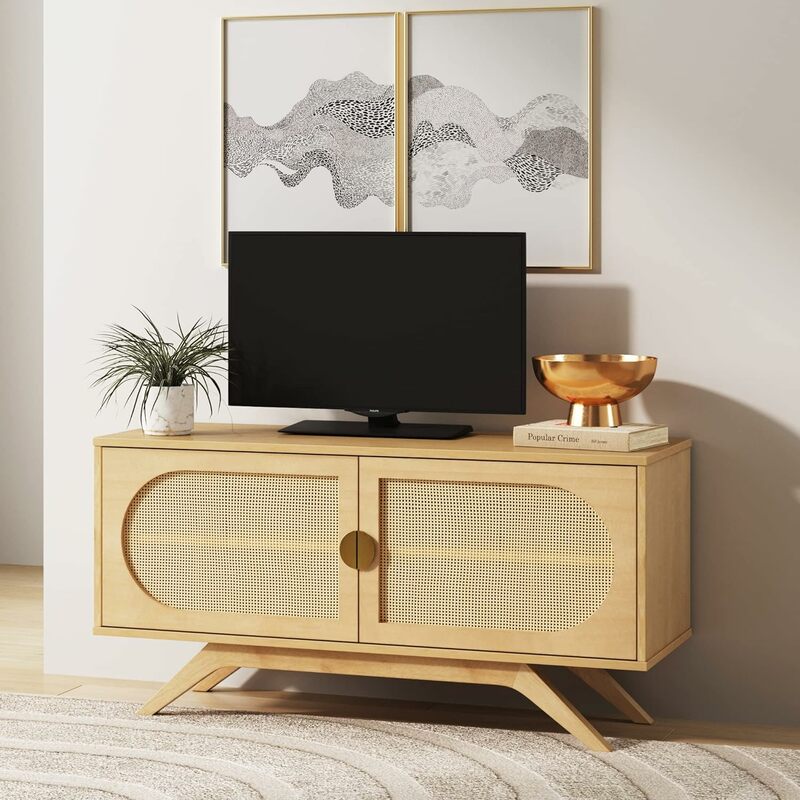 Soporte de TV de ratán moderno de Nathan James Logan, gabinete de entretenimiento, consola con acabado de madera