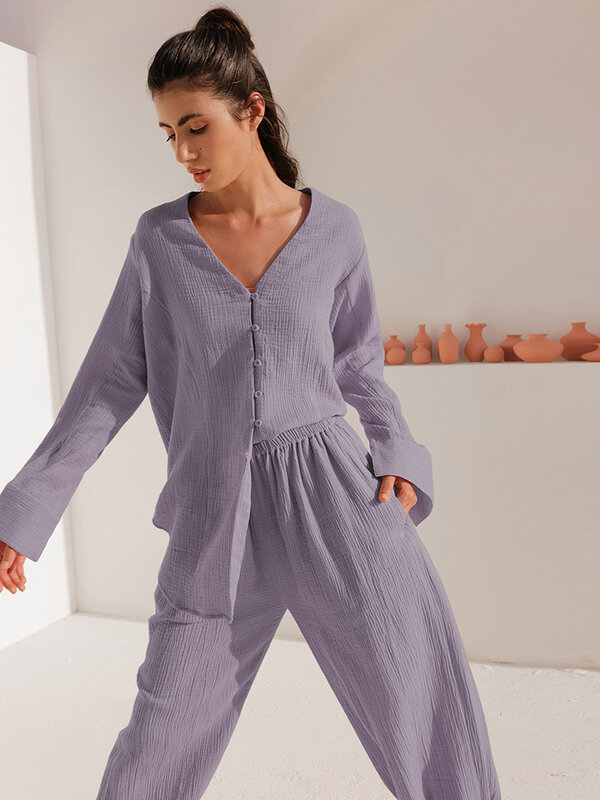 Hiloc-conjunto de pijama de manga comprida feminina, pijama de algodão branco, cintura alta, peito único, gola em v, terno doméstico, primavera