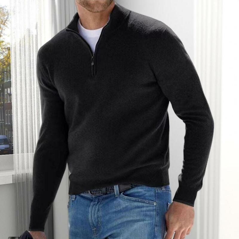 Men Winter Sweatshirt Stand Collar V Neck Solid Color Slim Fit Elastic Long Sleeve Soft Zipper Neck Men Sweatshirts