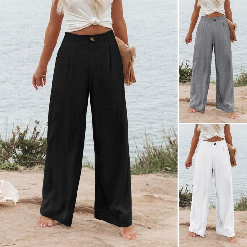 Calça feminina de cintura alta de perna larga com bolsos, calça respirável elegante, streetwear casual de praia, moda