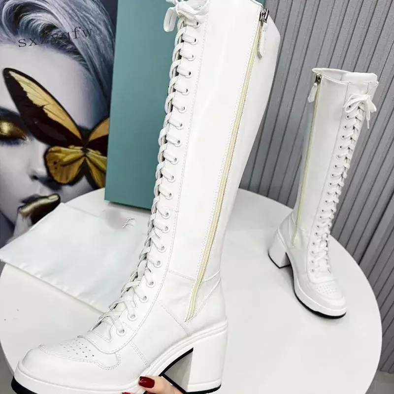 Echt Leer Mode Dijlaars Veters Ronde Neus Dikke Hak Populaire Kleur Blok Moderne Laarzen Streetstyle Schoenen Voor Vrouwen