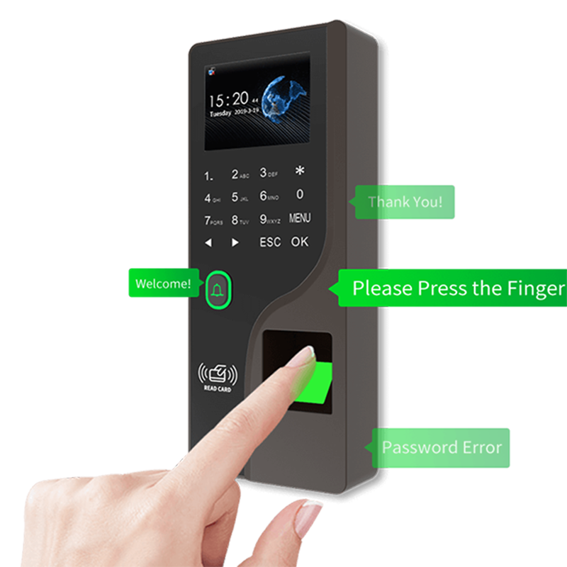 Mesin Kehadiran sidik jari, mesin absensi sidik jari, kata sandi 2.4 inci, kartu RFID, membuka layar warna, kunci pintu biometrik, perekam Waktu