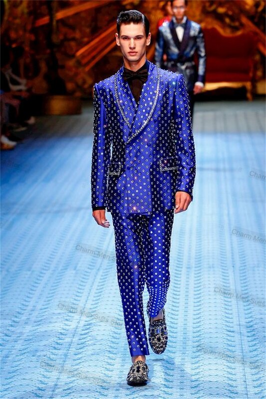 Abiti da uomo blu formali Set 2 pezzi Blazer + pantaloni giacca su misura ufficio Luxury Crystal Groom smoking da sposa cappotto doppio seno