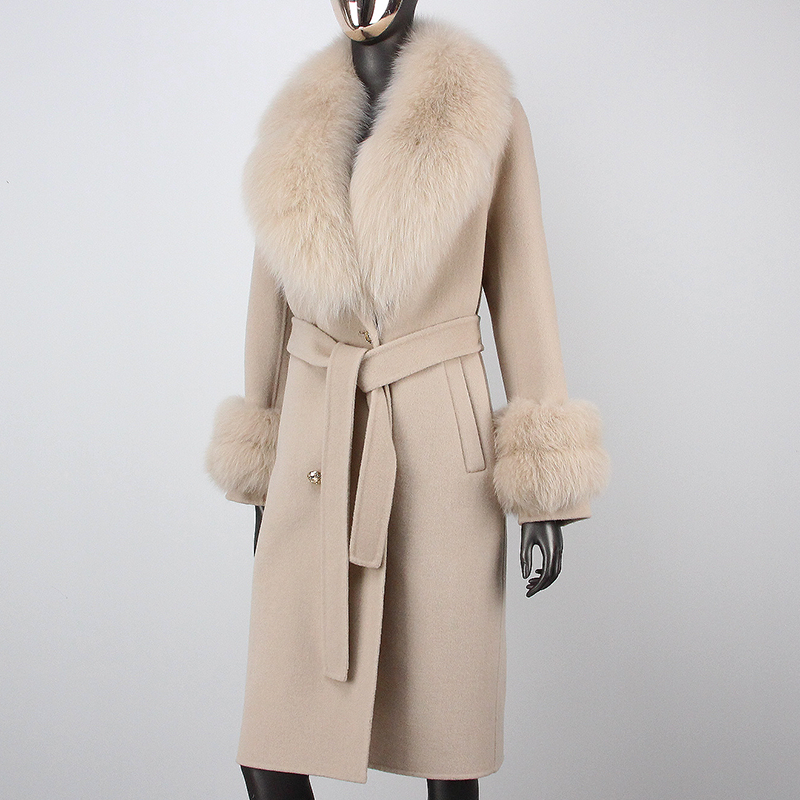 FURYOURSELF 2023 Winter Jacket Women Natural Fox Fur Collar Cuffs Real Fur Coat Cashmere Blends Wool Double Breasted Outerwear
