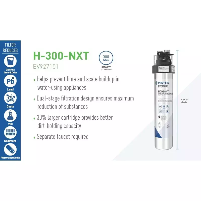 Pentair Everpure H-300-NXT Quick-ChangeCartridge, EV927441, For Use in Everpure H-300-NXT Drinking Water Systems, 300 Ga
